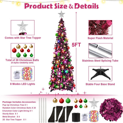 N&T NIETING Pop Up Christmas Tree with Lights & 30 Balls, 5Ft Collapsible Purple Tinsel Christmas Tree Decorations, Pencil Christmas Tree Skinny Christmas Tree for Holiday Xmas Home Office Decor