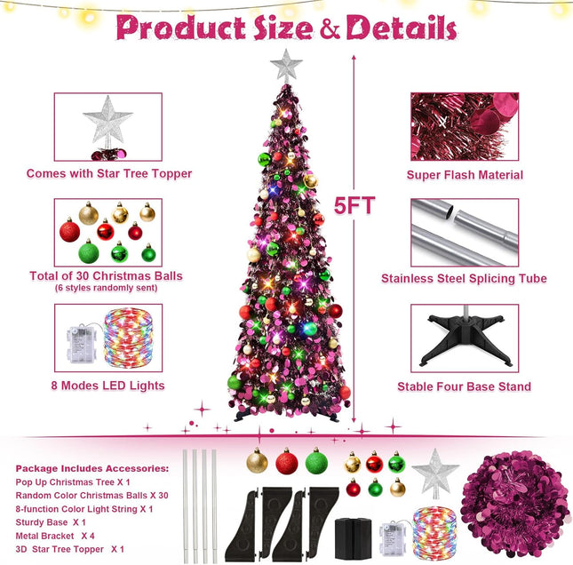 N&T NIETING Pop Up Christmas Tree with Lights & 30 Balls, 5Ft Collapsible Purple Tinsel Christmas Tree Decorations, Pencil Christmas Tree Skinny Christmas Tree for Holiday Xmas Home Office Decor