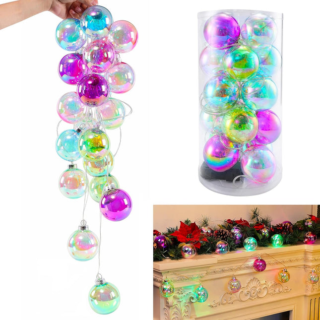Amooca Christmas Balls Ornaments Hanging Garland Decorations with LED Lights 20pc 12.2ft for Window Wall Stair Railing Xmas Tree Holiday Party Home Decor Colorful Rainbow Round Balls