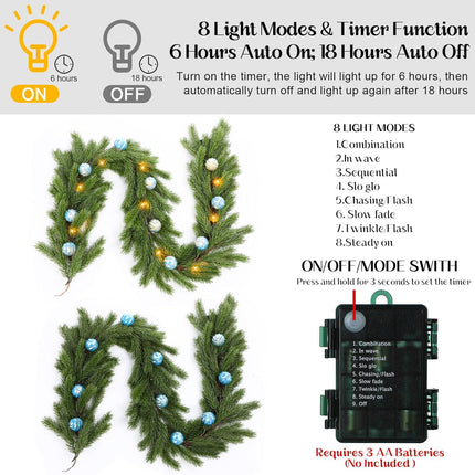 Ceenna 6.2FT Pre Lit Christmas Cedar Garland with Lights Artificial Pine Garland Christmas Decorations with Ball Ornaments,8 Modes Timer Battery Operated for Outdoor Indoor(Light Blue)