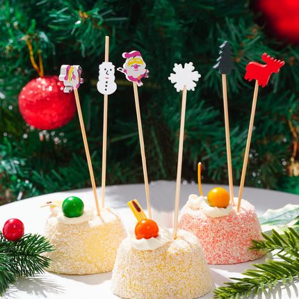 100pcs Christmas Cocktail Picks Appetizer Decorative Toothpicks Santa Claus Wooden Fruits Pick Snowflake Snowman Christmas Tree Elk Bamboo Sticks for Drink Cake Topper Dessert Xmas Party Food Decor