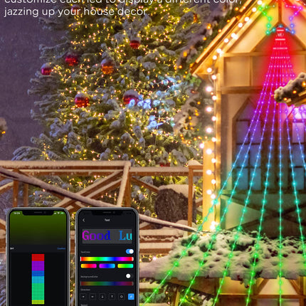 Outdoor Christmas Decorations Star Yard Lights, 12FT Smart Dynamic RGB Led Waterfall Tree Lights DIY Pattern Text App Remote Control Unique String Lights for Outside Roof Home Xmas Holiday Decor