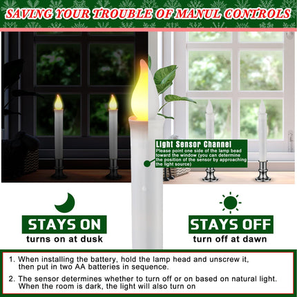 8 Pcs Christmas LED Window Candles with Sensor Dusk to Dawn Light Sensor 9.37 Inches Cordless Flameless Battery Taper Candles with Flickering Amber Flame for Home Decor (Silver)