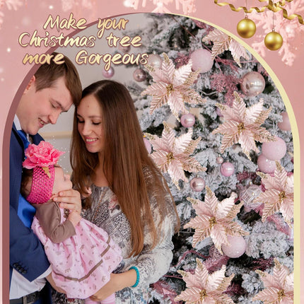 12 Pcs Christmas Glitter Fabric Poinsettia 10 Inch Artificial Christmas Flower with Clips Large Head Christmas Tree Ornaments Faux Xmas Flower with Stems for Wedding Party (Rose Gold)