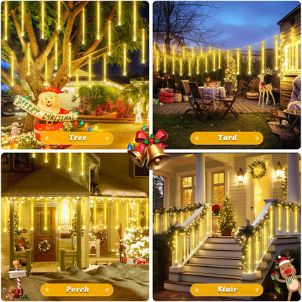 JMEXSUSS 2 Pack Warm White Christmas Lights Outdoor, Each 8 Tube 192 LED Meteor Shower Rain Lights, Waterproof Plug in Icicle Lights for Outside Tree Wedding Holiday Party Patio Decoration