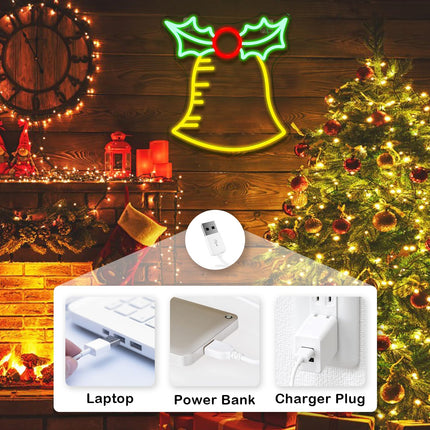 LooKLight Christmas Bell Neon Sign,Holly Berry Christmas Led Neon Light for Wall,Neon Sign Wall Decor for Christmas,USB Powered Led Neon Signs for Christmas Party,Bedroom Decor,Christmas Decor