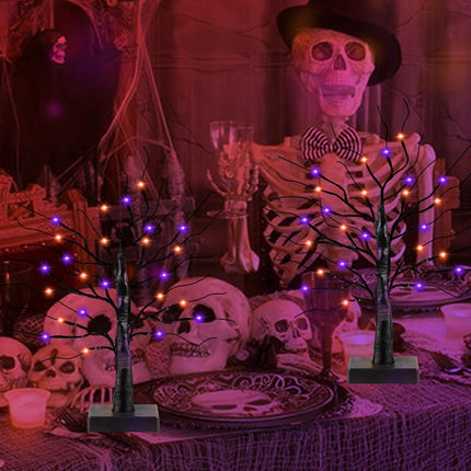 2 Pack 24 Inch Black Halloween Tree with 24 LED Orange Purple Lights, USB/Battery Operated Halloween Table Decorations Tree Light with Timer, Scary Halloween Decorations Indoor for Home Party Decor
