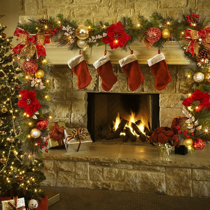 Christmas Garland with Lights, 9 ft Pre-lit Red Gold Christmas Garland with Ball Ornaments Pine Cones Battery Operated Lights for Mantle Fireplace Outdoor Home Holiday Party Decor