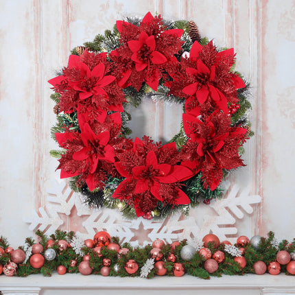 jojofuny Christmas Glitter Artificial Flowers Ornaments, 12pcs 5.9in Poinsettia Artificial Christmas Flowers with Clips for Christmas Tree Wreaths Garland Holiday Decoration Red