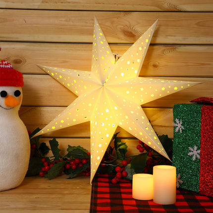 Christmas Star Paper Lantern 7 Pointed Star Paper Lantern with 10 LED Light String Hanging Pendant Lampshade Ornament for Weddings Holiday Birthday Home Decor 19.7 Inch(Classic,White)