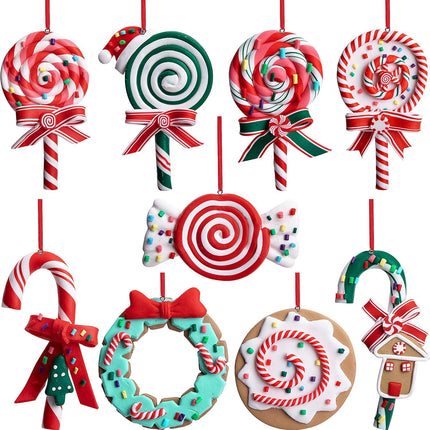 moonoom 9pcs Christmas Lollipop Ornament,Christmas Candies Polymer Clay Ornament,Xmas Decor Candy Cane Hanging Decorations,Sweets Candy Pendant Xmas Tree Party Supplies (Lollipop)