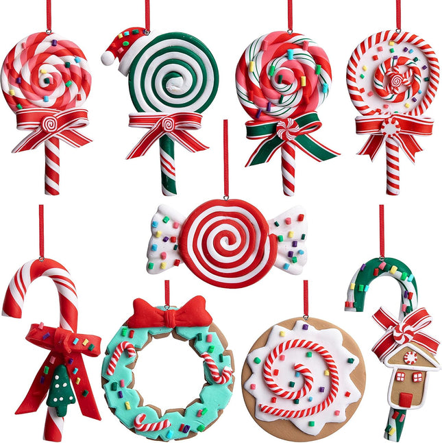 moonoom 9pcs Christmas Lollipop Ornament,Christmas Candies Polymer Clay Ornament,Xmas Decor Candy Cane Hanging Decorations,Sweets Candy Pendant Xmas Tree Party Supplies (Lollipop)