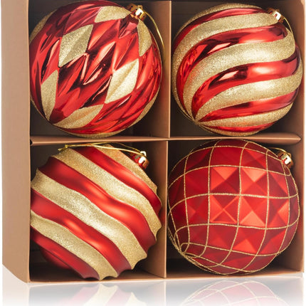 6" Red and Gold Christmas Ball Ornaments Set, 4 Pcs Extra Large Xmas Tree Decoration, Shatterproof Luxury Decorative Hanging Ornament Bulk for Party Holiday Wreath Garland Home Décor