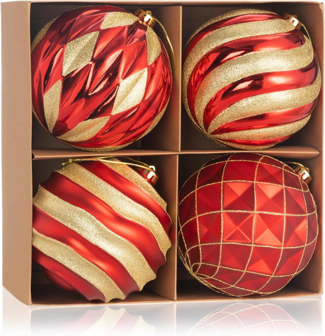 6" Red and Gold Christmas Ball Ornaments Set, 4 Pcs Extra Large Xmas Tree Decoration, Shatterproof Luxury Decorative Hanging Ornament Bulk for Party Holiday Wreath Garland Home Décor