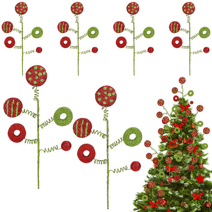 Whaline 6Pcs Christmas Tree Picks Red Green Xmas Candy Lollipop Twig Curly Foam Picks Glitter Novelty Xmas Tree Topper Ornaments for Christmas Holiday Craft Wreath Vase Filler Home Party Supplies