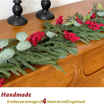 Real Touch Norfolk Pine Garland with Lights, Red Berries and Eucalyptus Leaves, Christmas Garland for Year and Home Decoration, 6FT