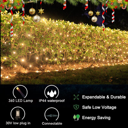 360LED Net Lights, 21ft x 5ft Connectable Christmas Outdoor String Mesh Lights with Memory Function, 8 Modes Waterproof Fairy Lights Plug in for Xmas Tree Bushes Garden Holiday Party - Warm White