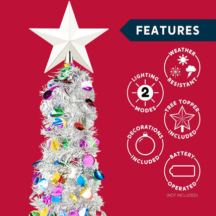 JOIEDOMI 5 Ft Pre-lit Pencil Christmas Tree, Pop up Christmas Tinsel Tree with Lights and Star, Skinny Collapsible Christmas Tree with Timer for Xmas Decorations Indoor Outdoor Holiday Party