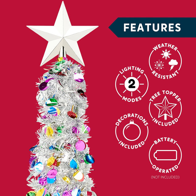 JOIEDOMI 5 Ft Pre-lit Pencil Christmas Tree, Pop up Christmas Tinsel Tree with Lights and Star, Skinny Collapsible Christmas Tree with Timer for Xmas Decorations Indoor Outdoor Holiday Party