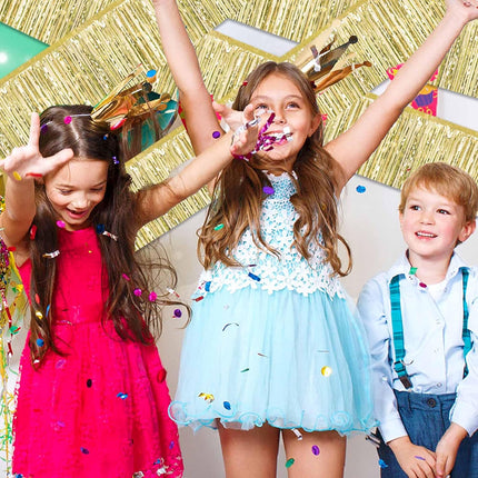 4 Pack 10 Ft Light Gold Foil Fringe Garland Metallic Streamers Tinsel Banner Wall Hanging Garland Backdrop for Parade Floats, Halloween, Christmas, Thanksgiving, Year Party Decorations