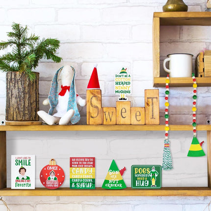 Funny Elf Christmas Decorations, Cute Holiday Tiered Tray Decor, Buddy The Elf Wooden Bead Garland, Farmhouse Decor for Table Mantel, Christmas Elf Wood Signs Party Favor, Novelty White Elephant s