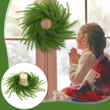 4 Pcs Christmas Norfolk Pine Wreath Candle Rings Green Artificial Norfolk Pine Rings Xmas Garland Candle Ring Holder Ornament for Xmas Holiday Wedding Table Centerpiece Table Pillar