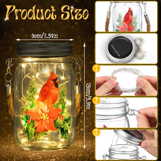 3 Pcs Cardinal Christmas Solar Lantern Christmas Fairy Hanging Jar Lights Solar Lantern Outdoor Yard Garden Cardinal Decor for Indoor Outdoor Decorations Holiday Xmas Home Decor