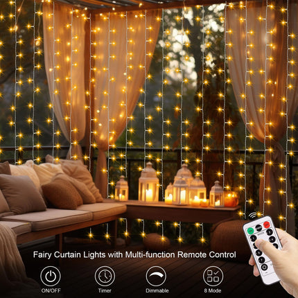 Battery Operated Curtain String Lights,9.8ft×9.8ft 300 LED Battery Curtain Lights with Remote Timer 8 Modes, Waterproof Curtain Fairy Lights for Outdoor Indoor Wedding Christmas Decor (Warm White)