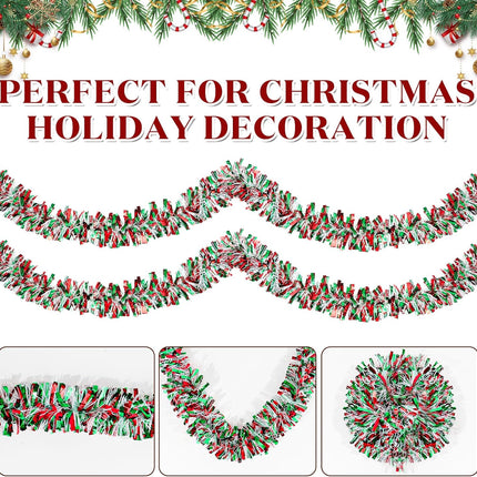 50FT Red Green White Christmas Tinsel Garland Metallic Twist Decoration for Xmas Tree, Year, Birthday Party, Holiday Decor, Indoor & Outdoor Supplies