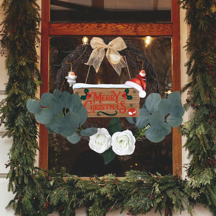 Christmas Wreath 20" Christmas Wreath for Front Door Christmas Garland, Grapevine Wreath Santa Claus Wreath with Merry Christmas Wooden Door Sign Decorations