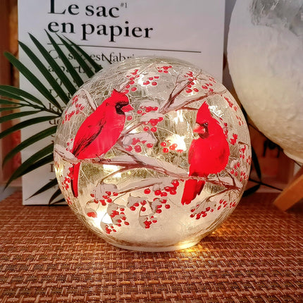 Glass Ball Light Crackle LED Night Light Red Bird Pattern Battery Operated Light Tabletop Decorative Sphere Lamp LED Orb Table Lamp for Outdoor Living-Room Pathway Patio Yard Lawn Bedroom