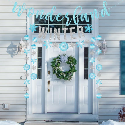 SUNBEAUTY Winter Wonderland Decorations Snowflake Garland Banner Winter Wonderland Snowflake Decorations for Happy Holidays Christmas Wedding Winter Wonderland 1st Birthday Party