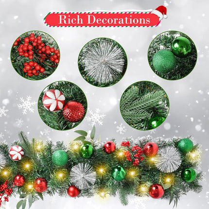 Beinhome Christmas Garland with Lights, 9 FT Pre-Lit Christmas Garland with Red Green Glitter Matte Ball Decorations for Home Front Door Stairs Table Centerpiece Fireplace Xmas Holiday Festival Decor