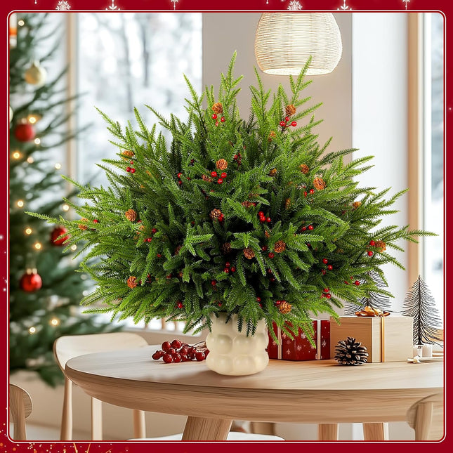 12PCS 17" Artificial Norfolk Pine Branches Christmas Decorations, Fake Cedar Stems with Pine Needle&Cone&Berry for Xmas Decor, Faux Pine Pick Green Plants Ornaments for Home/Holiday/Party