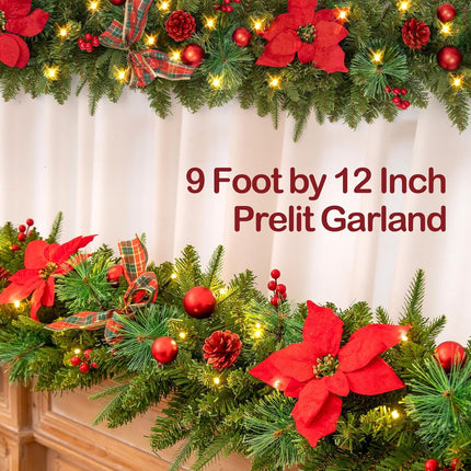 Prelit 9FT Christmas Garland with Berries and Balls,Pine Cone,Golden Flower and 50 Battery Operated Soft White LED Lights with Timer,Artificial Holiday Decoration Door Outdoor (Red)
