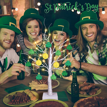 [Timer] Valentines Day Decor 24" Lighted Birch Tree with 24pcs Heart Shamrock Ornaments for Valentine's Day, St. Patrick's Day, USB/Battery Operated Valentines Tree Decorations for Home Table Bedroom