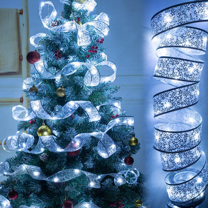 ilauke 65.5Ft Christmas Fairy Lights, Silver Christmas Ribbon Lights Ribbon Bows Fairy String Lights for Christmas Tree Decorations, Xmas Topper Outdoor Indoor Decor