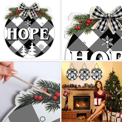 6 Pcs Christmas Hanging Sign Decorations Plaid Wreaths Door Sign Plastic Round Peace Joy Love Decorative Sign with Rope for Xmas Holiday Party Front Door Windows Walls Decor (Black and White)