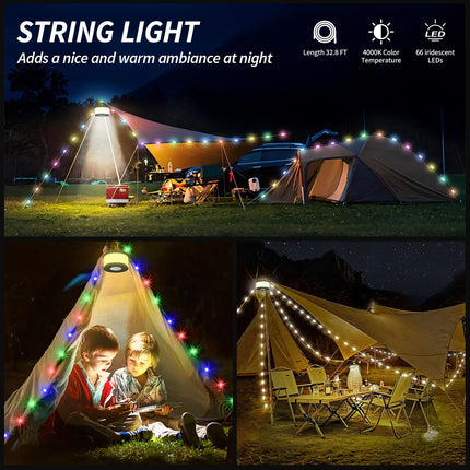 Camping String Lights,2 in 1 d 32.8FT Rechargeable Tent Lights String with 19 Lighting Modes,Quick Storage Camping Lights，Portable LED Lamp for Bedroom Yard Decor Christmas Camping Essentials