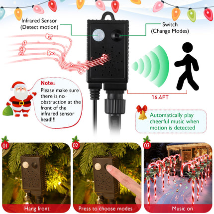 Enhon 10 Pcs Christmas Candy Cane Light with 4 Christmas Theme Music, 21 inch Pathway Markers Light with Stakes Christmas Driveway Light for Xmas Holiday Party Walkway Garden Decor (Red, White)