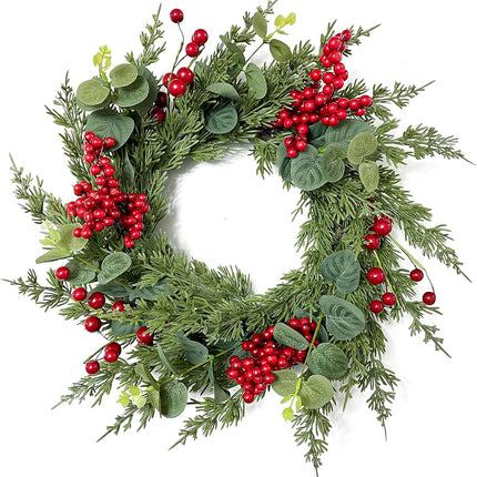 18-Inch Christmas Wreath with Red Berries Eucalyptus and Cedar Leaf - Artificial Holiday Wreath for Front Door, Wall, and Home Decoration