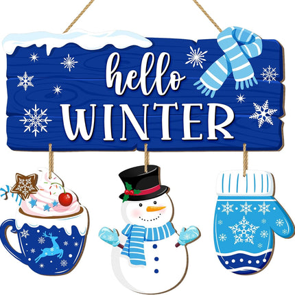 Christmas Hello Winter Door Sign, Winter Snowman Wooden Hanging Sign, Welcome Xmas Wall Decor Blue Gloves Scarf Snowflakes Rustic Winter Wreath for Holiday Indoor Outdoor Home Decor