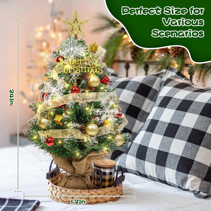 Tabletop Christmas Tree, 24 Inch Mini Artificial Christmas Tree with LED String Lights, Star Tree Topper, and Hanging Ornaments, Small Christmas Tree with Lights for Holiday DIY Christmas Decorations