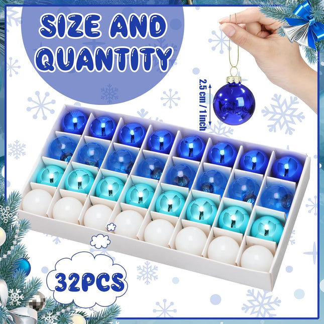 Tioncy 32 Pieces 1 Inch Mini Glass Christmas Ornaments Balls Shiny Christmas Balls Mini Christmas Tree Ornaments Hanging Tiny Colorful Ball Decoration Pendant for Xmas (Multi Blue, White)