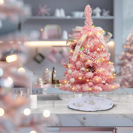 Small Christmas Tree Pink - Mini Christmas Tree Pink, Flocked Christmas Tree Small, Pink Christmas Tree Dcorated, Comes with Ornaments, 2ft Tabletop Christmas Tree with Tree Skirt