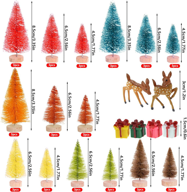Yookat 51Pcs Mini Pine Trees Artificial Mini Trees with Wood Base Sisal Trees Bottle Brush Trees Assorted Color and Deer Boxes Winter Snow for Christmas Decoration (Multicolor-4)