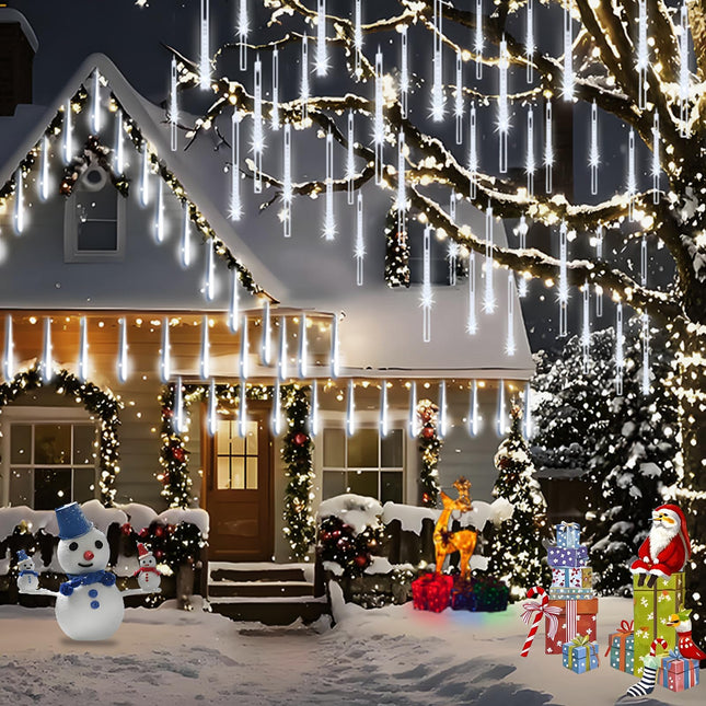 Christmas Lights Outdoor, Meteor Shower Lights 8 Tubes 192LED UL Snow Falling Rain Cascading Icicle Lights for Xmas Tree Christmas Decorations Outdoor Wedding Party Window, White