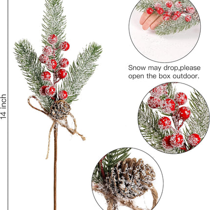 Sggvecsy 6 Pack Snow Frosted Christmas Berries Pine Picks Artificial Red Berry Pine Branches Faux Pine Stem with Pine Cones for Xmas Tree Wreath DIY Craft Floral Arrangement Holiday Decor (Red)