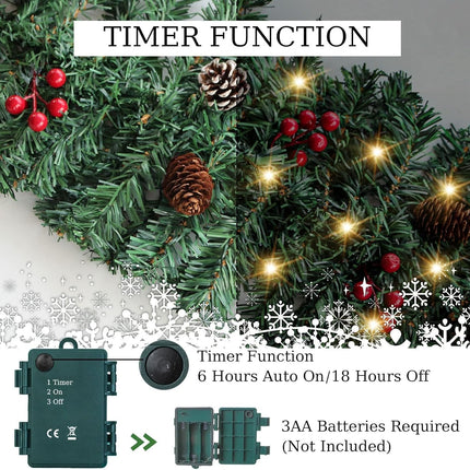 ZIFTY 9FT Christmas Garland with 50LED String Lights Battery Timer Operated Pre-lit Garland Christmas Decoration Greenery Pine Garland Xmas Mantle Garland for Fireplace Holiday Home Indoor Outdoor