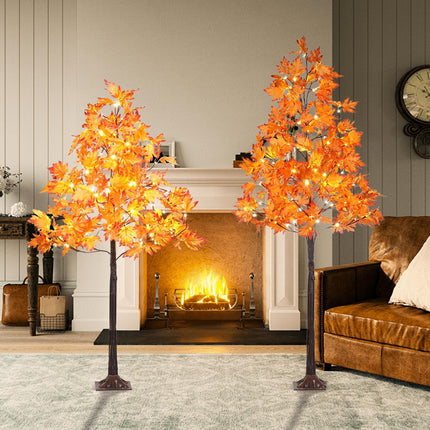 Lighted Maple Leaf Tree, 2 Pack Prelit Orange Artificial Fall Trees (5FT and 6FT) for Indoor Outdoor Decor Garden Wedding Party Bedroom Thanksgiving Decoration
